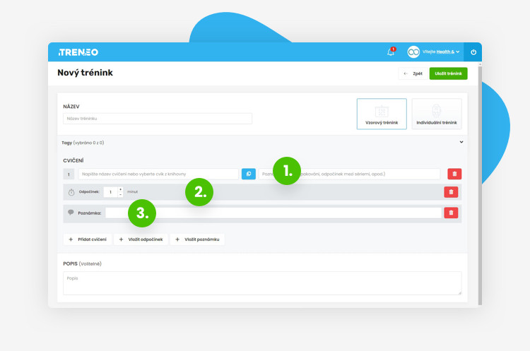 trenérský účet - ukázka z tvorby nového tréninku - cvičení, poznámka a odpočinek