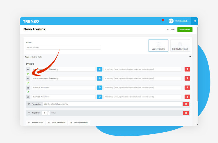 trenérský účet - ukázka z tvorby nového tréninku - nahrávání cvičení