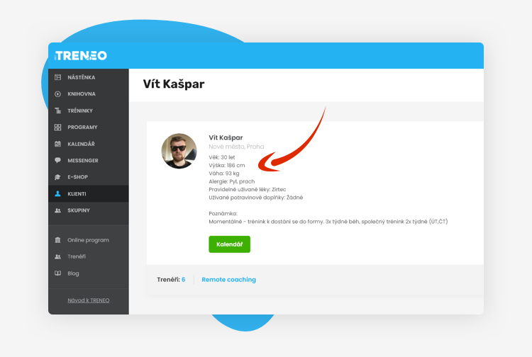iTRENEO - ukázka klientské karty v profilu Trenéra